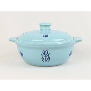 Set of 2 Blue Tulip Pottery Bowls | MCM Blue Crock Pot Individual Casserole Soup